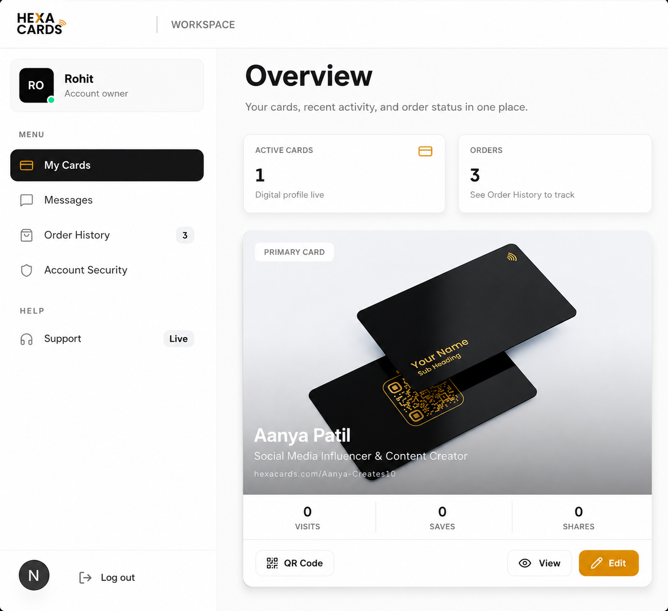 HexaCards dashboard overview